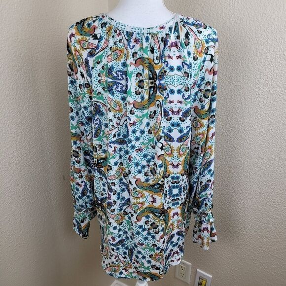 BELLE & SKY Colorful Peacock Print Top Size Large (2169) - Picture 2 of 6